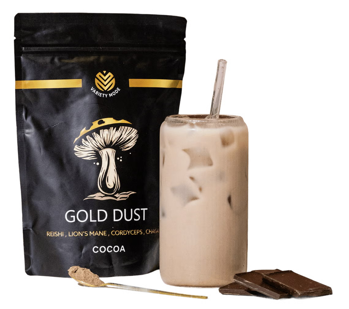 Gold Dust Cocoa with an iced drink, a scoop, and chocolate