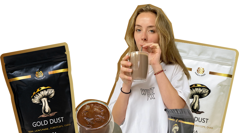 Variety Mode Gold Dust products with a customer enjoying a drink
